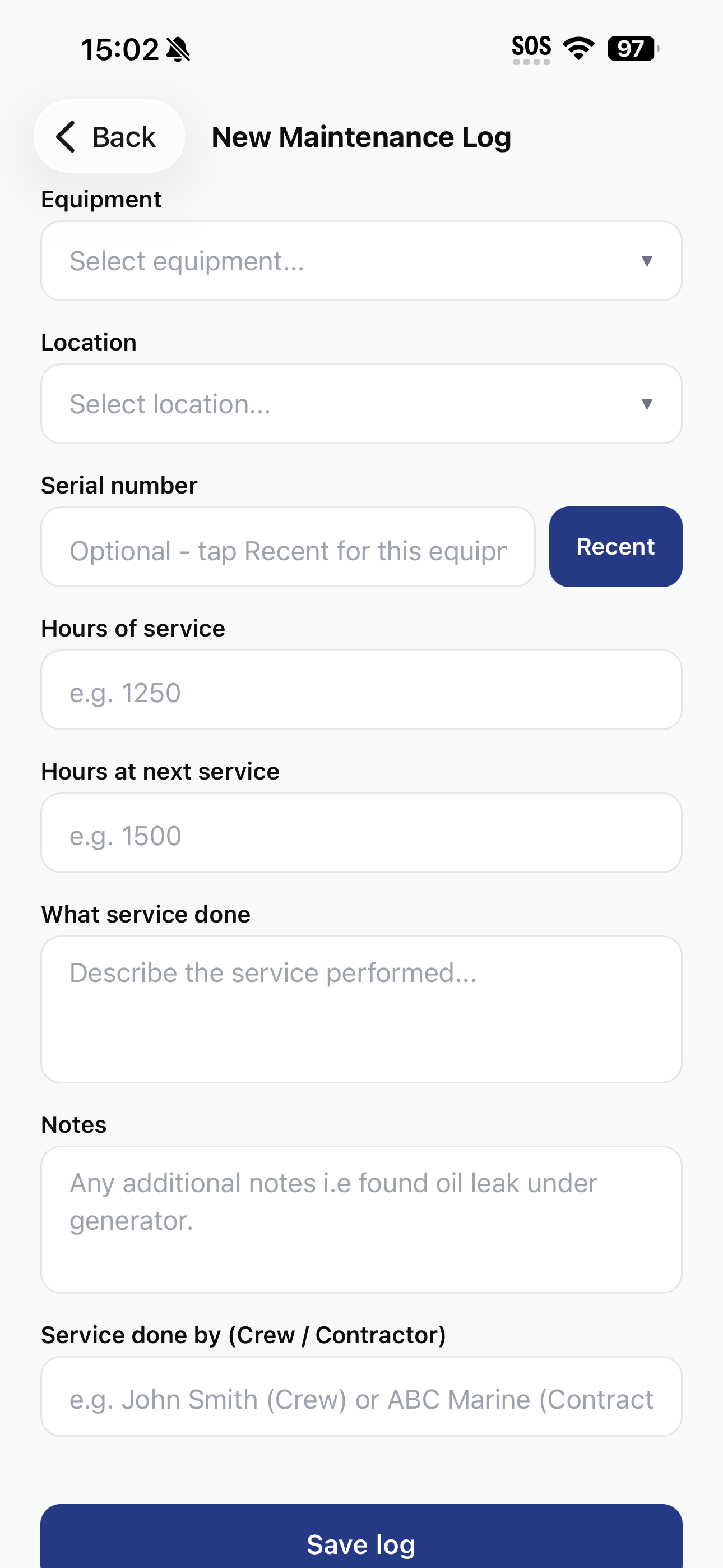 Maintenance screen