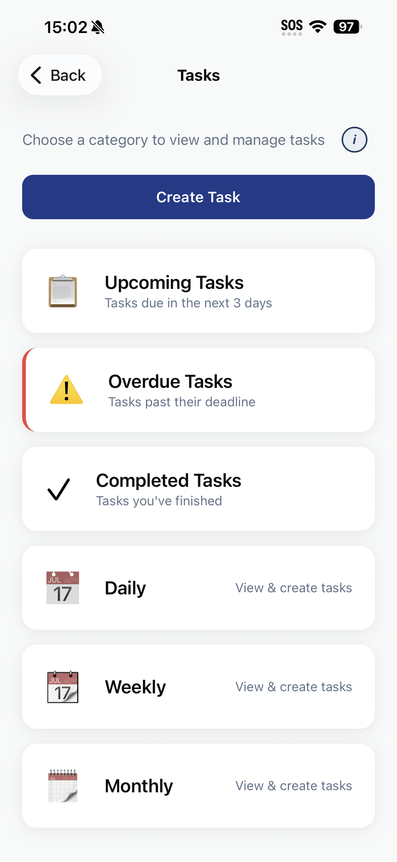Tasks screen